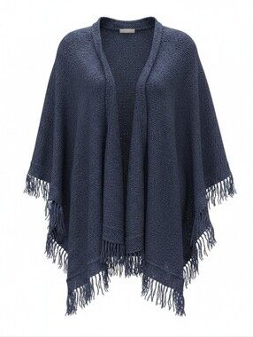 ALPACA WAREHOUSE | Deep Navy Blue Wool Warm Winter Fringed Cape Cardigan | OS‎